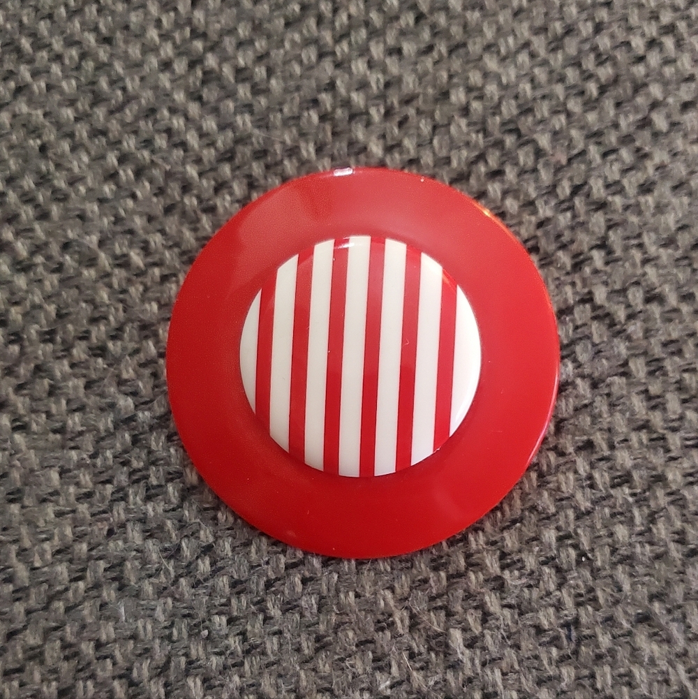 Vintage Red & White Striped Pinback Button | Retro Plastic Brooch